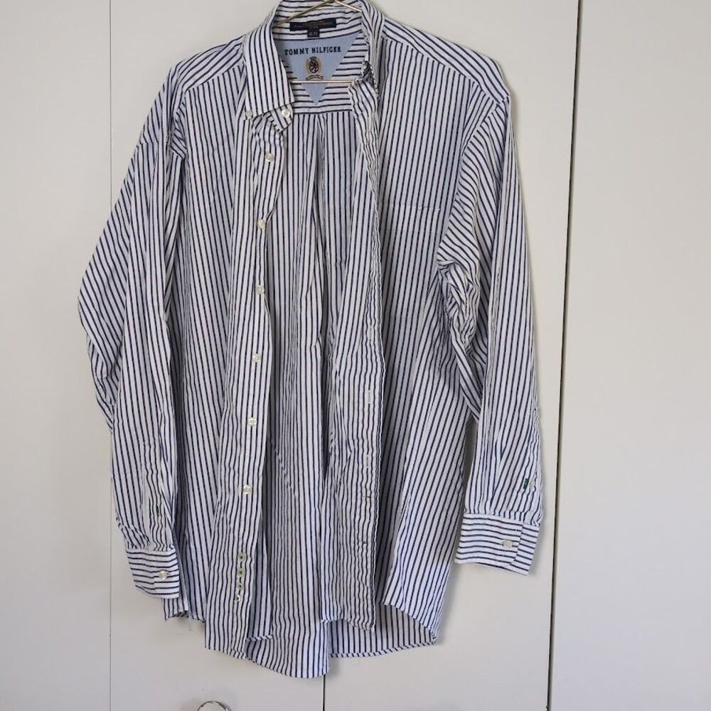 VTG Tommy Hilfiger Shirt Men's size 16 34 Pinstripe Blue White Crest Embroidered